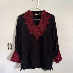 Vintage Pashupati Lace Sleeve Black Top Size Medium
